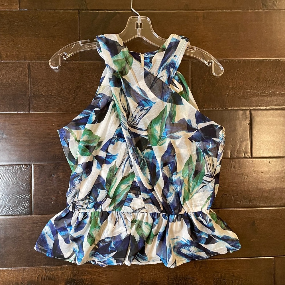 NWOT WHBM Printed Peplum Halter Elena Leaf Ecru Aqua White Blue Size 2